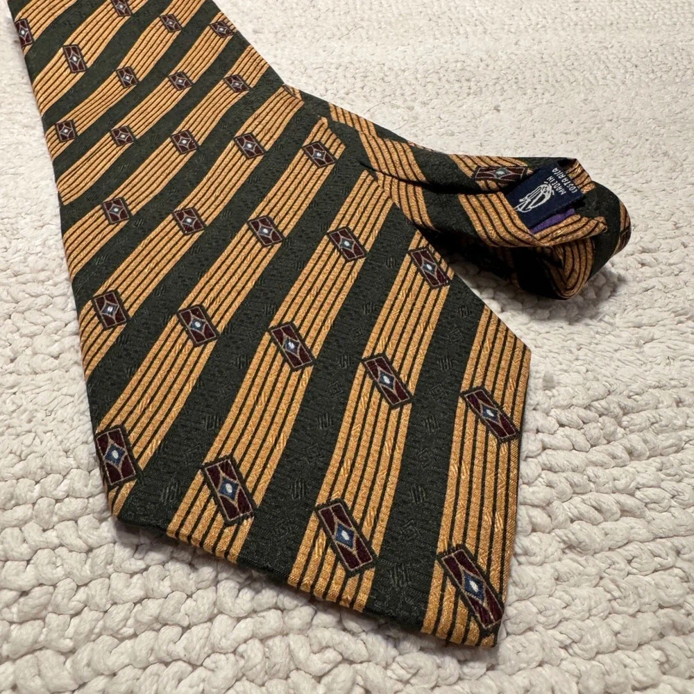 Nautica Tie Gold Green Geometric Striped Silk Heritage Professional Art Deco